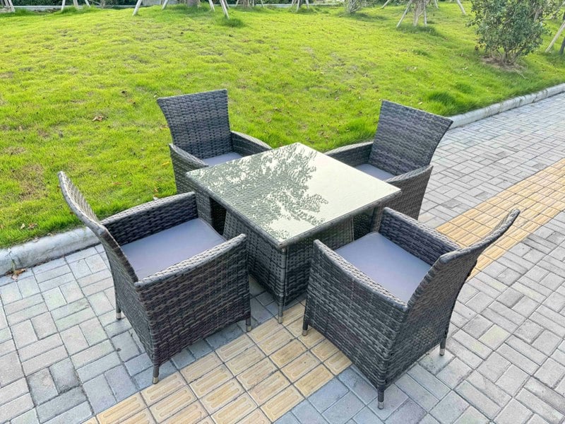 Fimous Rattan Garden Furniture Dining Set 4-seater Patio Square Table Chairs Outdoor Dark Grey Mixed