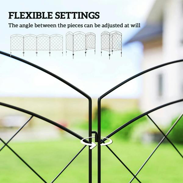 Black steel fence panel corner joint with adjustable angle bars and diamond wire grid.