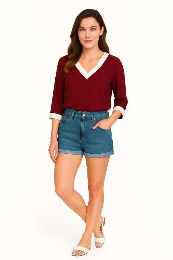 Hoxton Gal Oversized Top With White Tape Collared Details In Burgundy