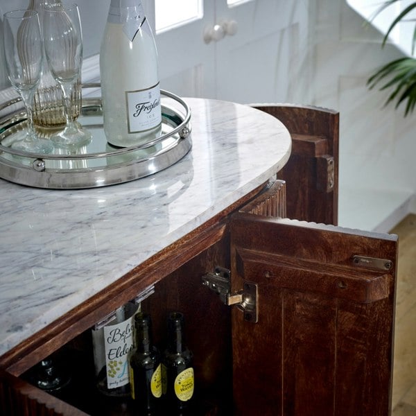 IH Design Miel Mango Wood Sideboard/Drinks Cabinet With Marble Top & Metal Legs