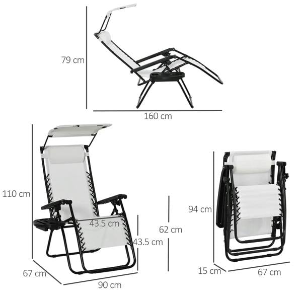 White folding patio sun lounger shown with size measurements and reclining angle
