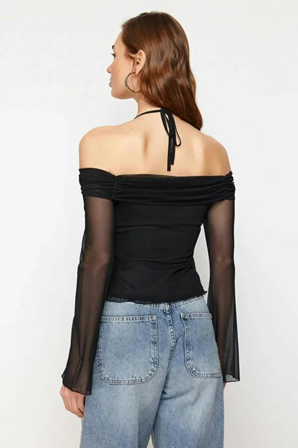 Hoxton Gal Off-Shoulder Knit Blouse with Tie Detail and Flared Sleeves