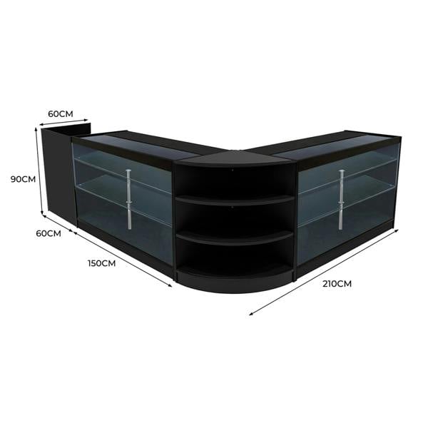 Astro LED Shop Counter Set in black, featuring glass shelves, a sleek curved design, and dimensions of 210cm x 90cm x 60cm