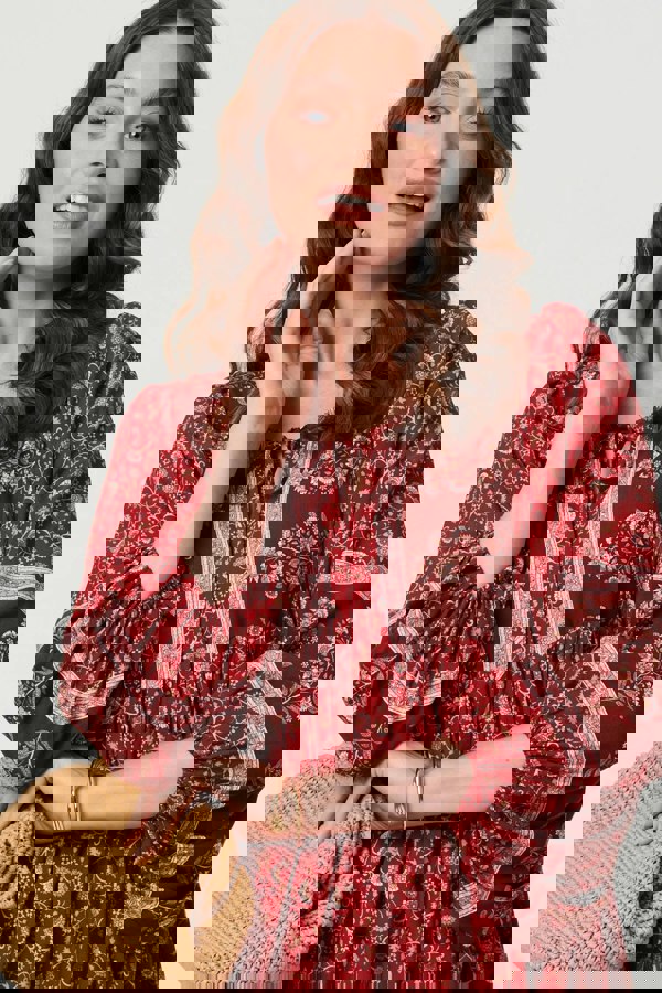 Burgundy | Ditsy Floral 3/4 Sleeve Short Dress
