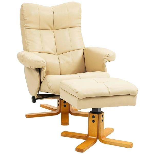 Beige PU leather swivel recliner chair with padded footstool and wooden base