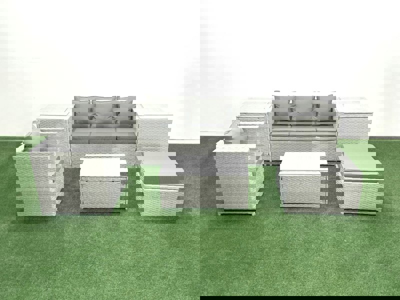 Fimous 6 Pieces Rattan Garden Furniture Set Outdoor Garden Sofa Chair Coffee Table Set with 2 Side Tables Big Footstool Light Grey Mixed