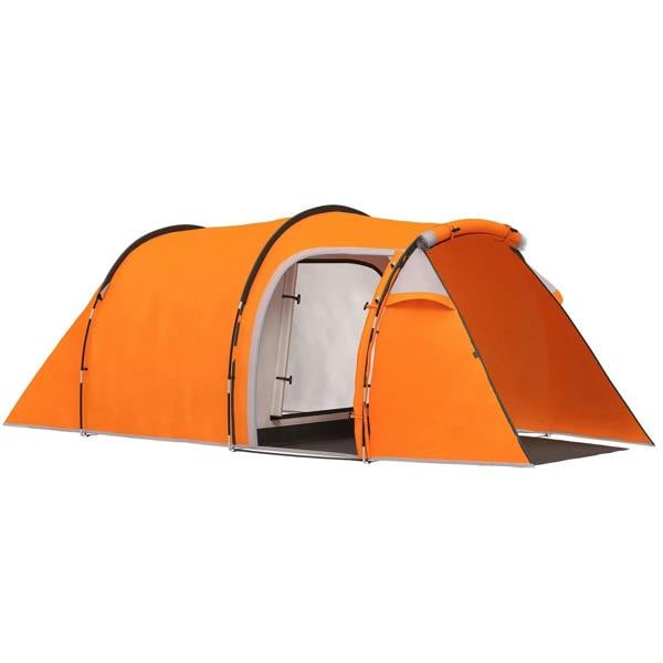 Orange tunnel camping tent with front vestibule, mesh door, and arched entry