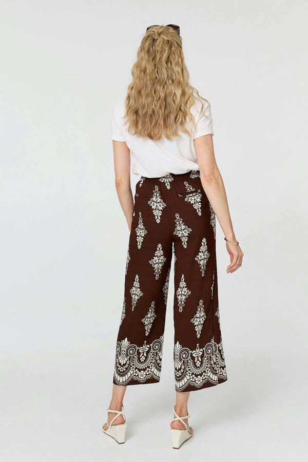 Brown | Border Print High Waist Wide Trousers