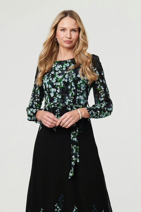Black | Floral Long Sleeve Chiffon Maxi Dress
