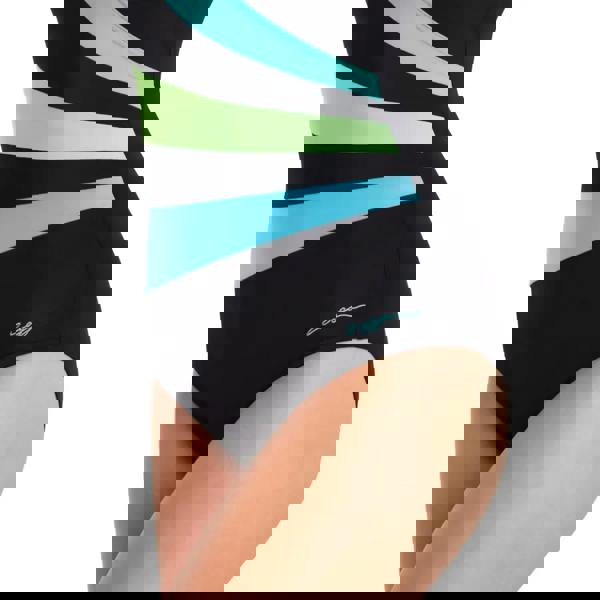 Zoggs wrap panel classicback swimsuit in black with green blue stripes