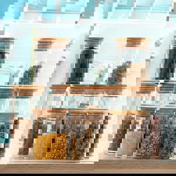 Living and Home 10pcs Glass Storage Jar Set with Bamboo Lids & Measuring Spoon