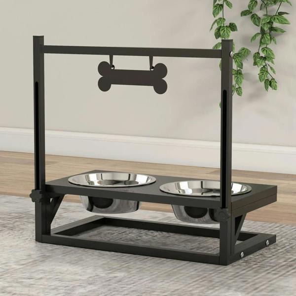 Black elevated dog bowl stand with two stainless steel bowls and sturdy side supports