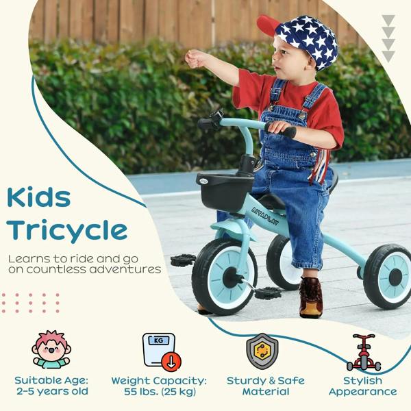 Kids blue tricycle with adjustable seat, front basket and bell