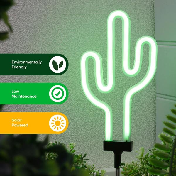 Gardenwize Solar Neon Effect Cactus Stake Light – Green LED Garden Light