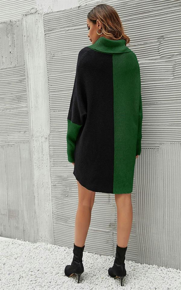 FS Collection High Neck Half Forest Green & Black Block Colour Jumper Top