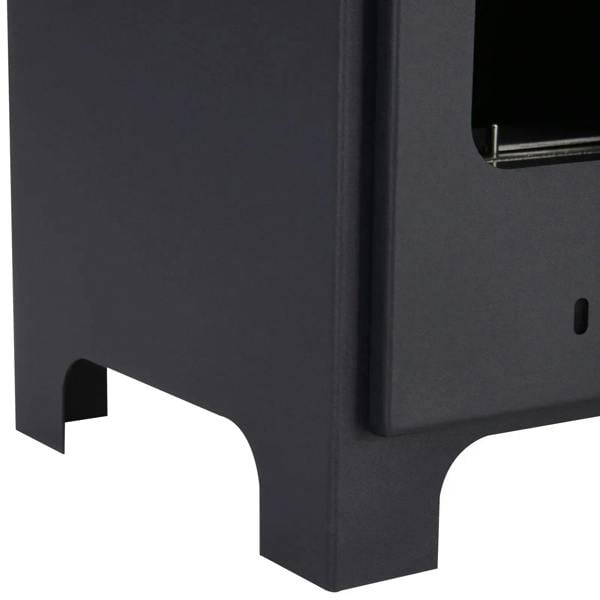 Black freestanding ethanol fireplace corner base, front window edge close-up