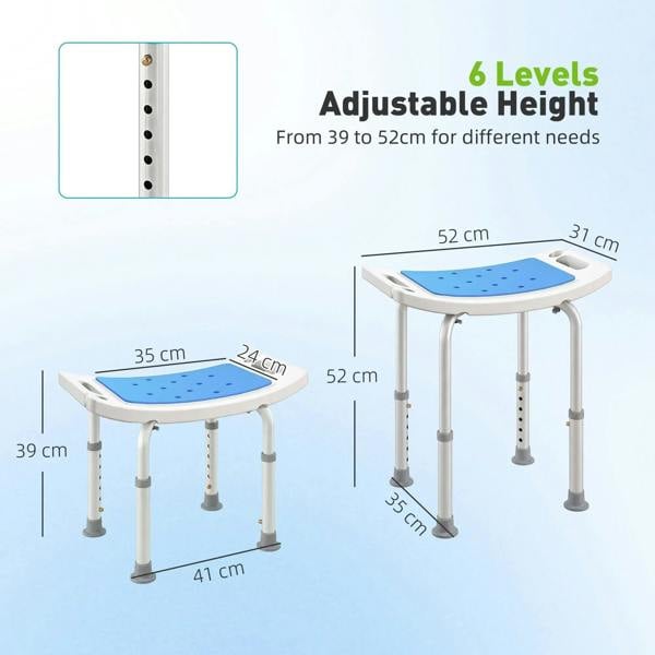 Adjustable-height shower stool shown with size measurements and blue perforated seat