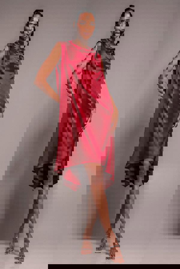 Cowl Neck Back Wing Satin High Low Midi Dress - Berry DR4608