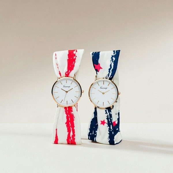 The Colourful Aura Red Star Print Changeable Fabric Strap Tie Knot Women Geneva Wristwatch