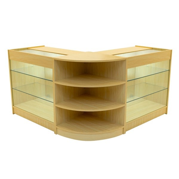 Maple Apollo LED shop counter set featuring a modern design with glass shelves, curved edges, and integrated lighting for display