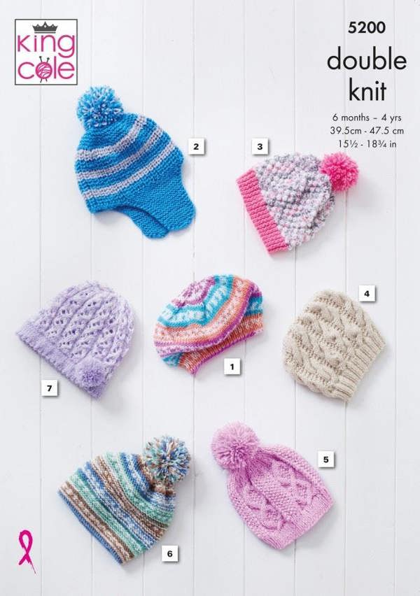 King Cole Cherish DK & Cherished DK Knitting Pattern 5200, Headwear for Baby, Kids, 6 Months - 4 Years