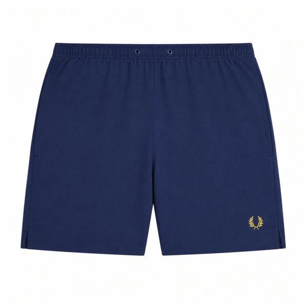 Fred Perry French Navy swim shorts with elastic waist, drawstring, and gold laurel wreath logo.
