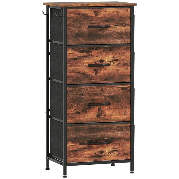 Four-drawer fabric chest in rustic brown with black metal frame and handles