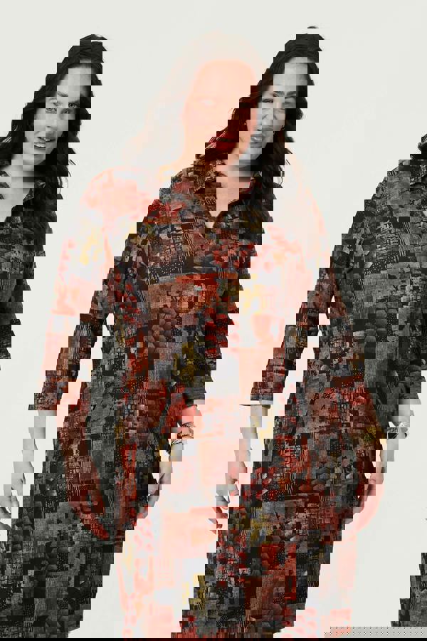 Brown | Curve Printed 3/4 Sleeve Collared Short Dress