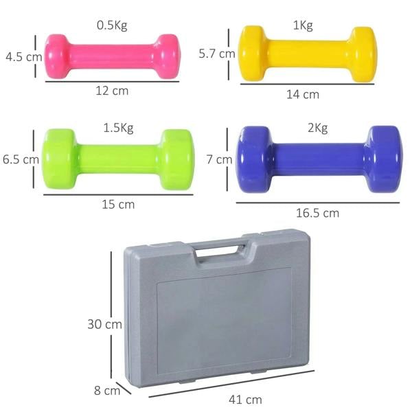 Multi-color dumbbells with weight and size markings, shown with a gray carry case