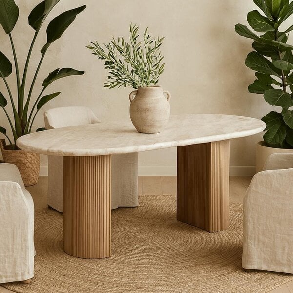 Wyld Haus Boston Natural Oak and Brown Marble Pedestal 6 Seater Dining Table