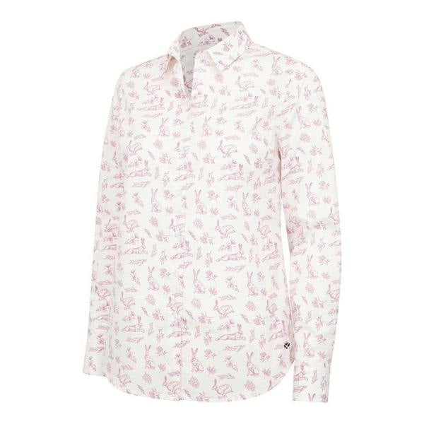 Hoggs of Fife Hare Ladies Print Shirt in white and pink with all-over hare print and long sleeves