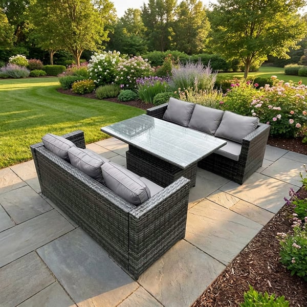 Fimous 6 Seater Rattan Garden Furniture Set with Adjustable Rising Dining Table & 2 Sofas - Dark Grey Mixed