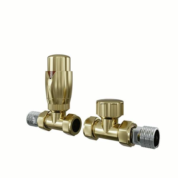 Flode Straight Thermostatic Radiator Valve Pack | 15mm x 1/2" | Brushed Brass
