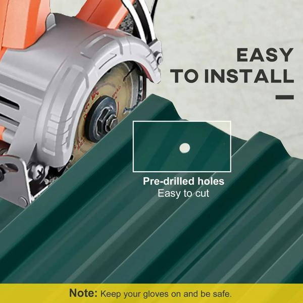 Green corrugated steel roof sheet panel with pre-drilled holes, easy-cut strip