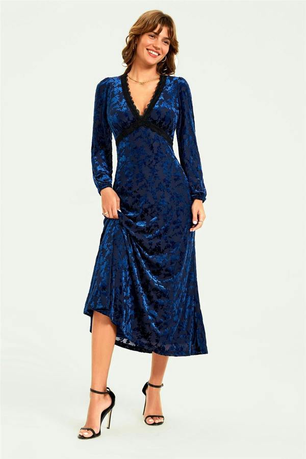 FS Collection Floral Velvet Devore Lace Trim Neckline Midi Dress In Navy