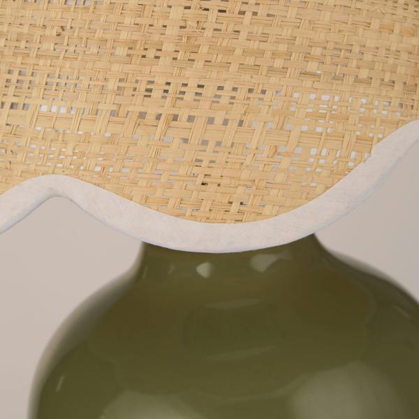Lighting Collection GREEN CERAMIC TABLE LAMP WITH SCALLOP CANE SHADE