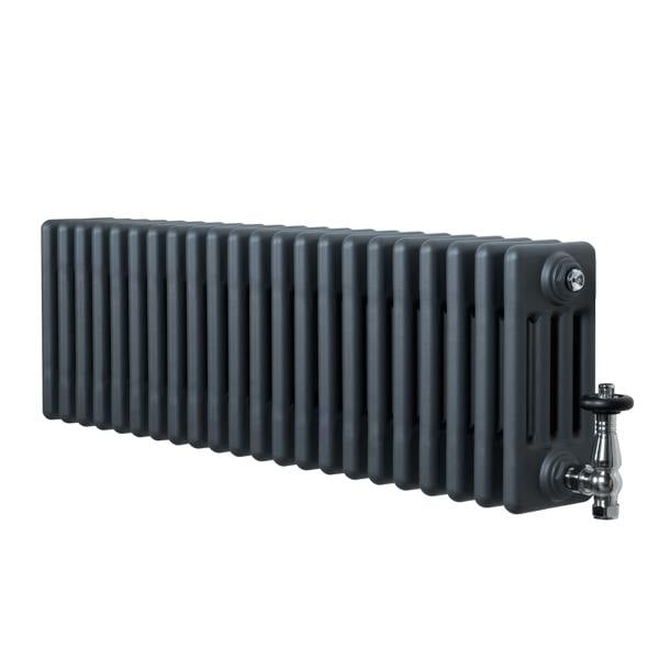 Traditional anthracite grey 4 column radiator with a sleek, textured finish and polished valves, measuring 300 x 1010mm