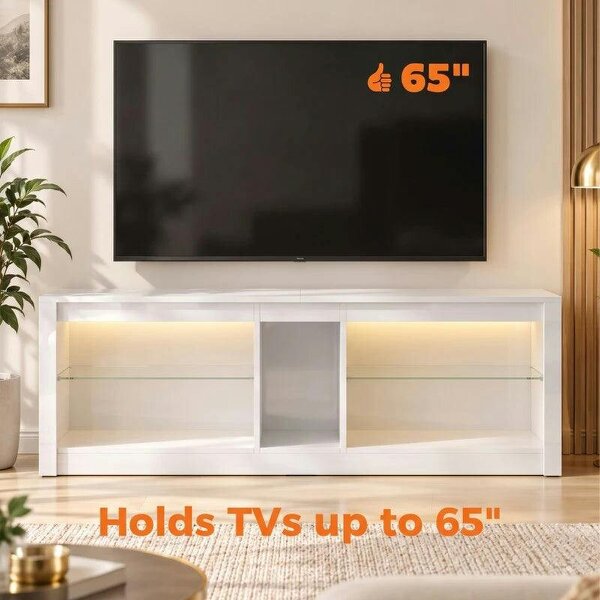 TV Stand Cabinet with LED Lights and Remote Control for TVs up to 65", Entertainment Centre with Storage Shelves, White