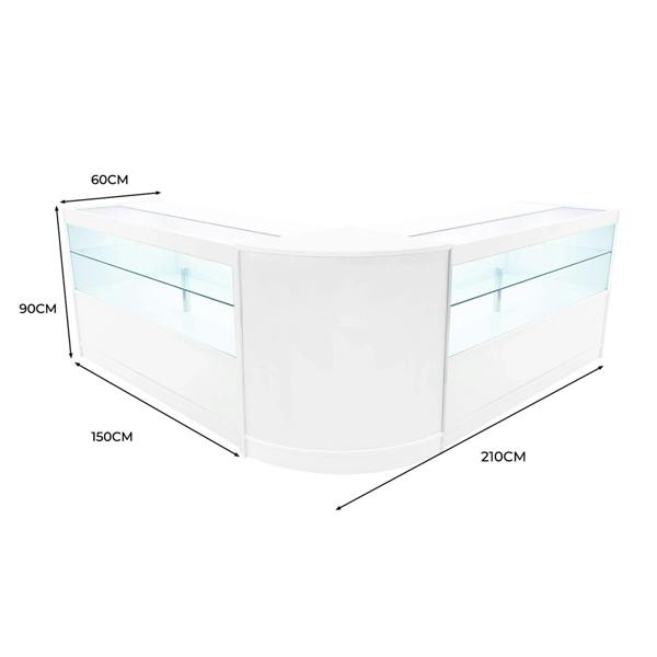 Curved white LED shop counter set with glass display shelves, measuring 60cm high, 150cm wide, and 210cm long, ideal for retail spaces