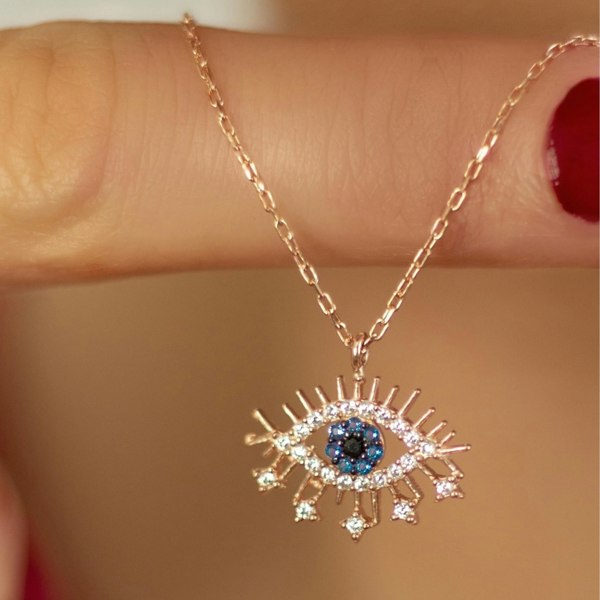 Spero London Evil Eye Earring Blue Eye Eyelash Sterling Silver Pendant Necklace