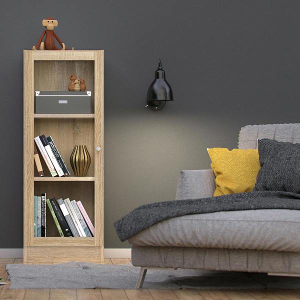 Furniture To Go Basic Low Narrow Display Cabinet in Oak (2 Shelves) with Glass  Oak Door