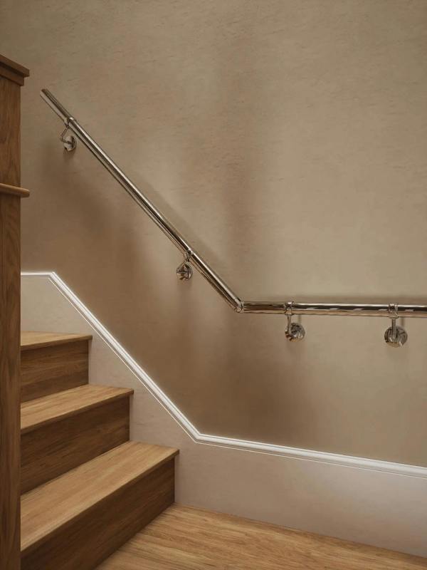 Radway Chrome quarter landing handrail close up showing brackets and elbow