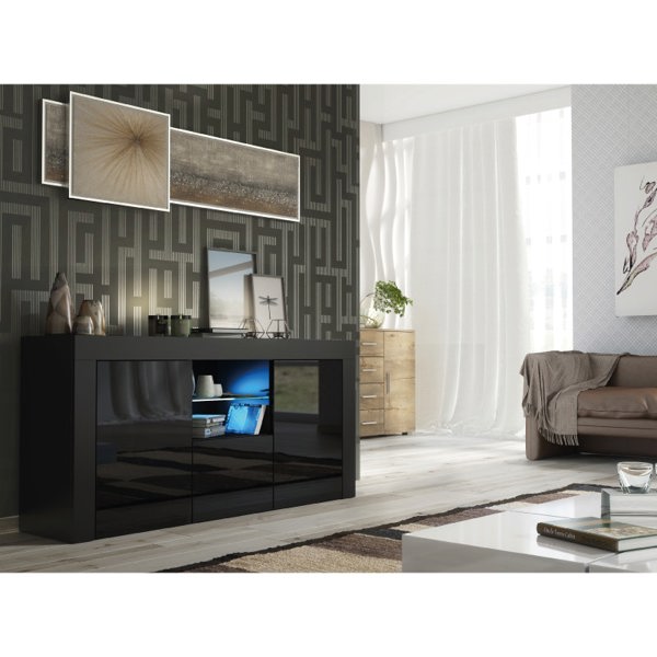 Mex Furniture Modern 145cm TV Unit, Cabinet Stand & Sideboard with Black Gloss Doors & Free LED