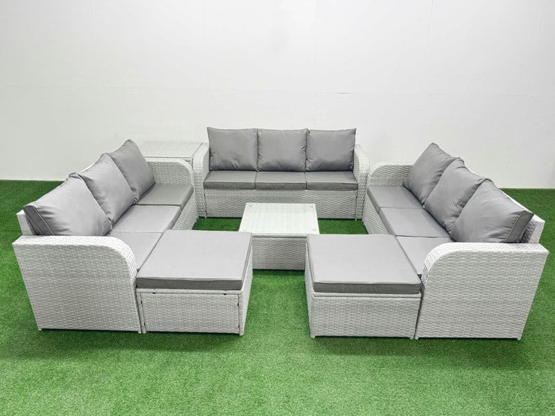 Fimous PE Rattan Lounge Sofa Set 11 Seater Outdoor Garden Furniture Set with Square Coffee Table 3 Seater Sofa 2 Big Footstools Side Table Light Grey