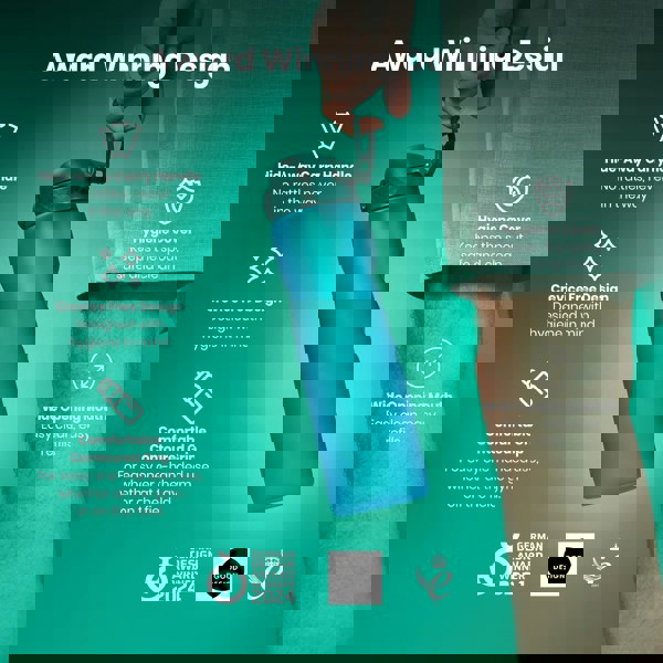 A teal water bottle is held by a person. Features include a hide-away handle, crevice-free design, hygiene cover, contoured grip, and wide mouth. It's an award-winning design.