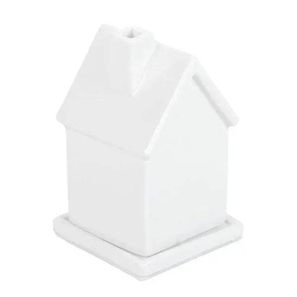 White ceramic house incense cone holder, side view with chimney opening