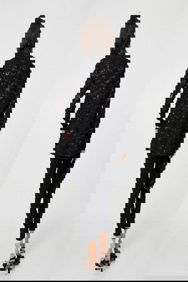 Black | Floral Sequin Lace Long Sleeve Shirt
