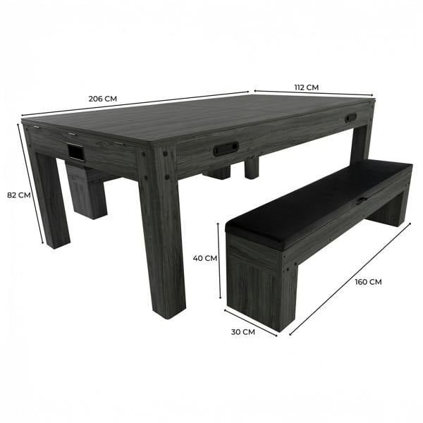7-in-1 games table in grey wood finish with two matching storage benches, featuring sleek lines and ample dimensions for versatile play