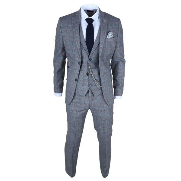 Infinity Leather Men's Light Blue Grey Check Tweed 3-Piece Suit Vintage Pattern Tailored Fit Woollen Suit