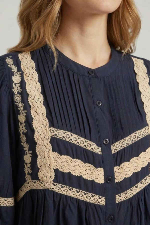 Navy | Lace Trim Long Sleeve Pleated Blouse